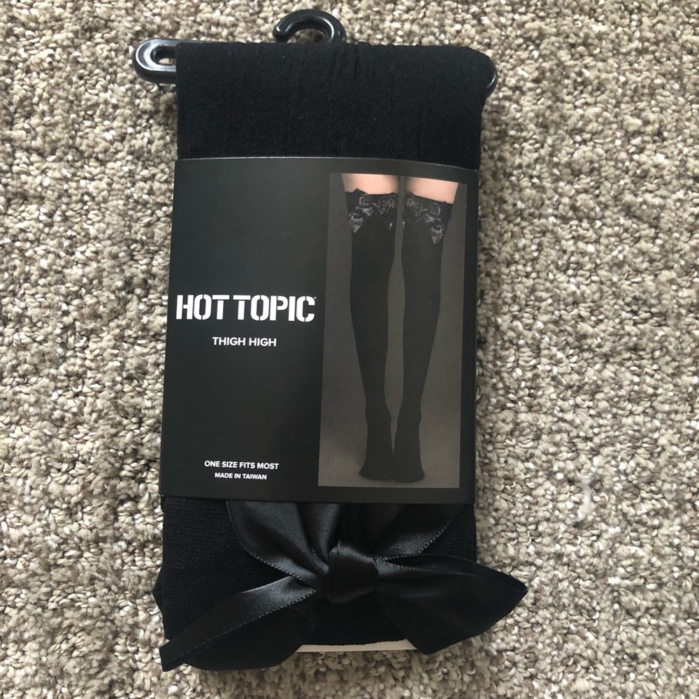 Hot Topic Black Bow Jersey Stripe Thigh Knee Socks
